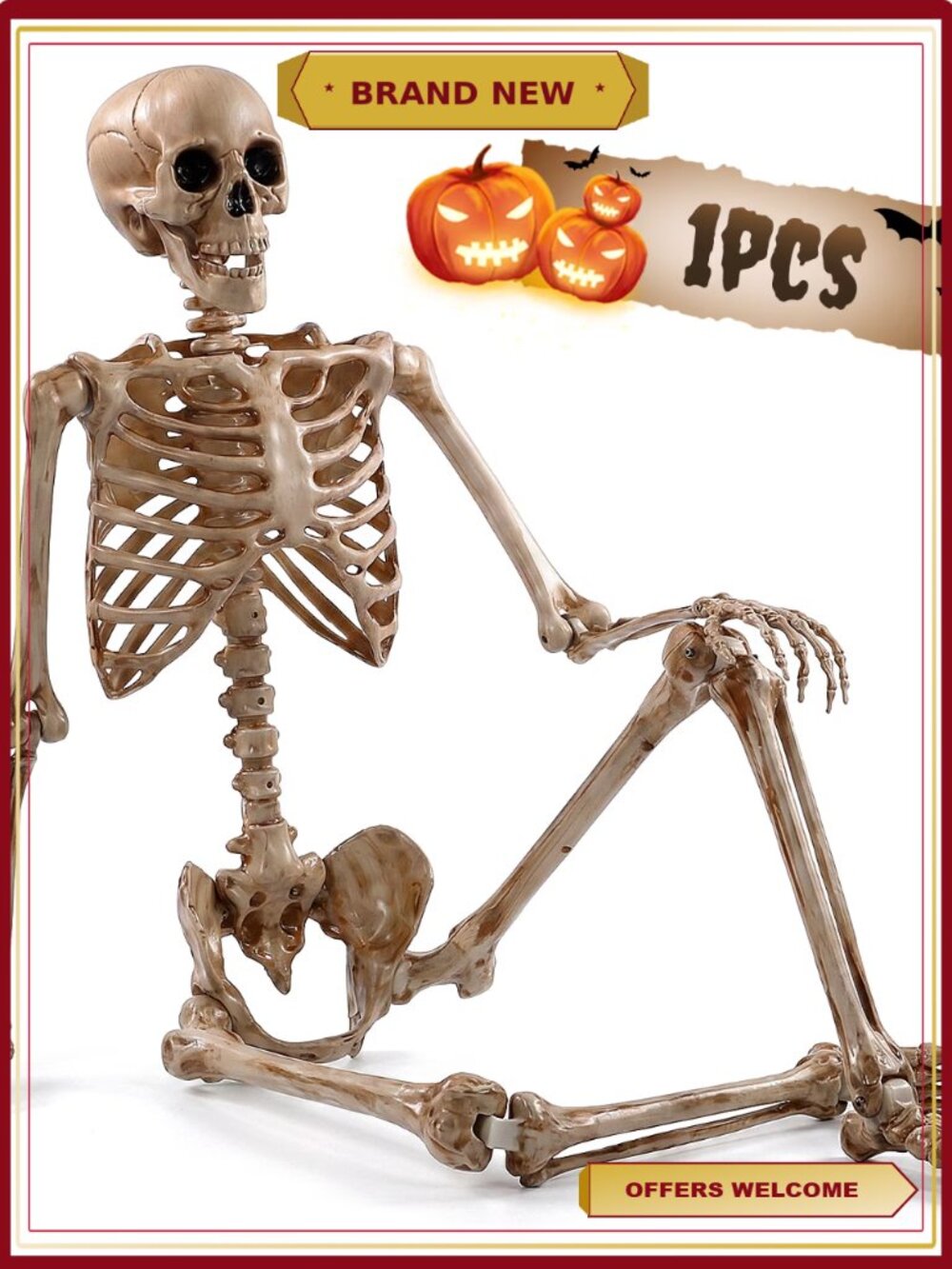 65in Posable Skeleton Halloween Decoration Indoor Outdoor Weathered